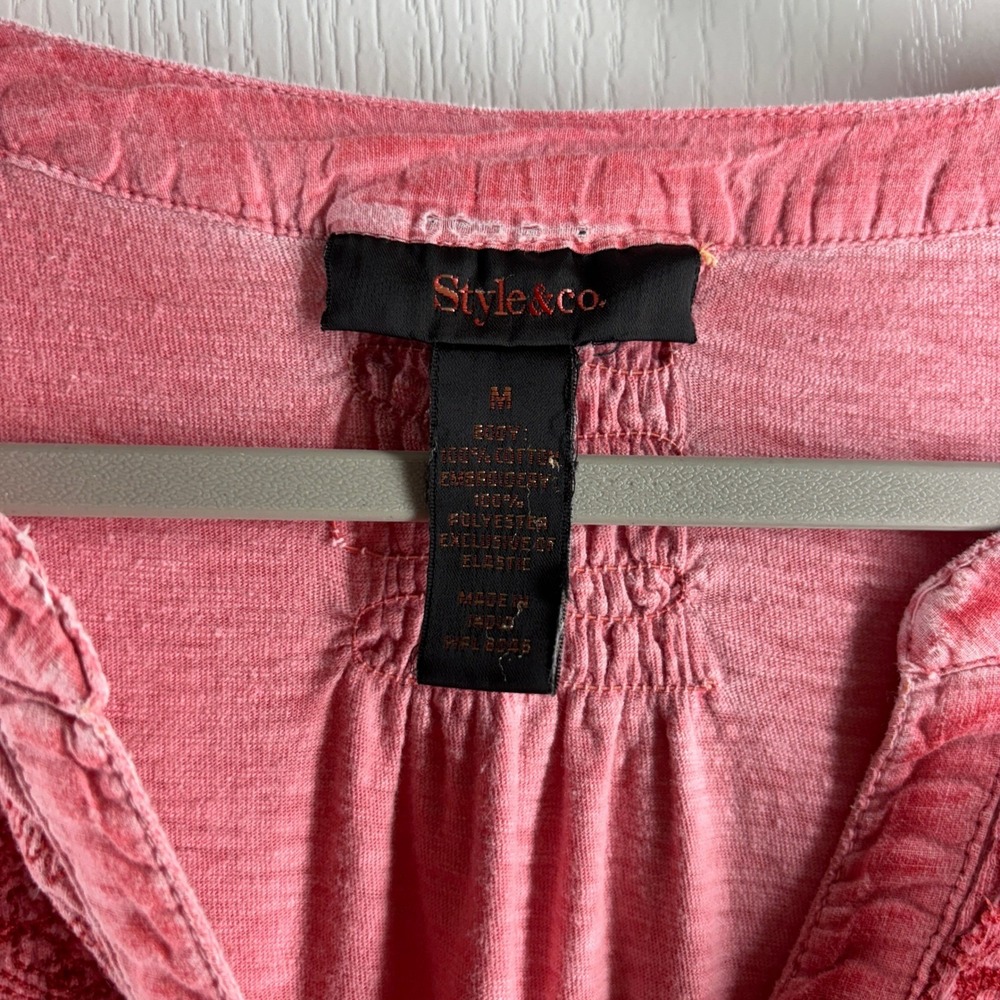 Style & Co Pink Embroidered Henley Top Roll Tab Sleeve Smocked Back Medium - Picture 4 of 8